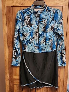 Blue Palm Print Long Sleeve Swim Dress/Coverup - Built-in Bra